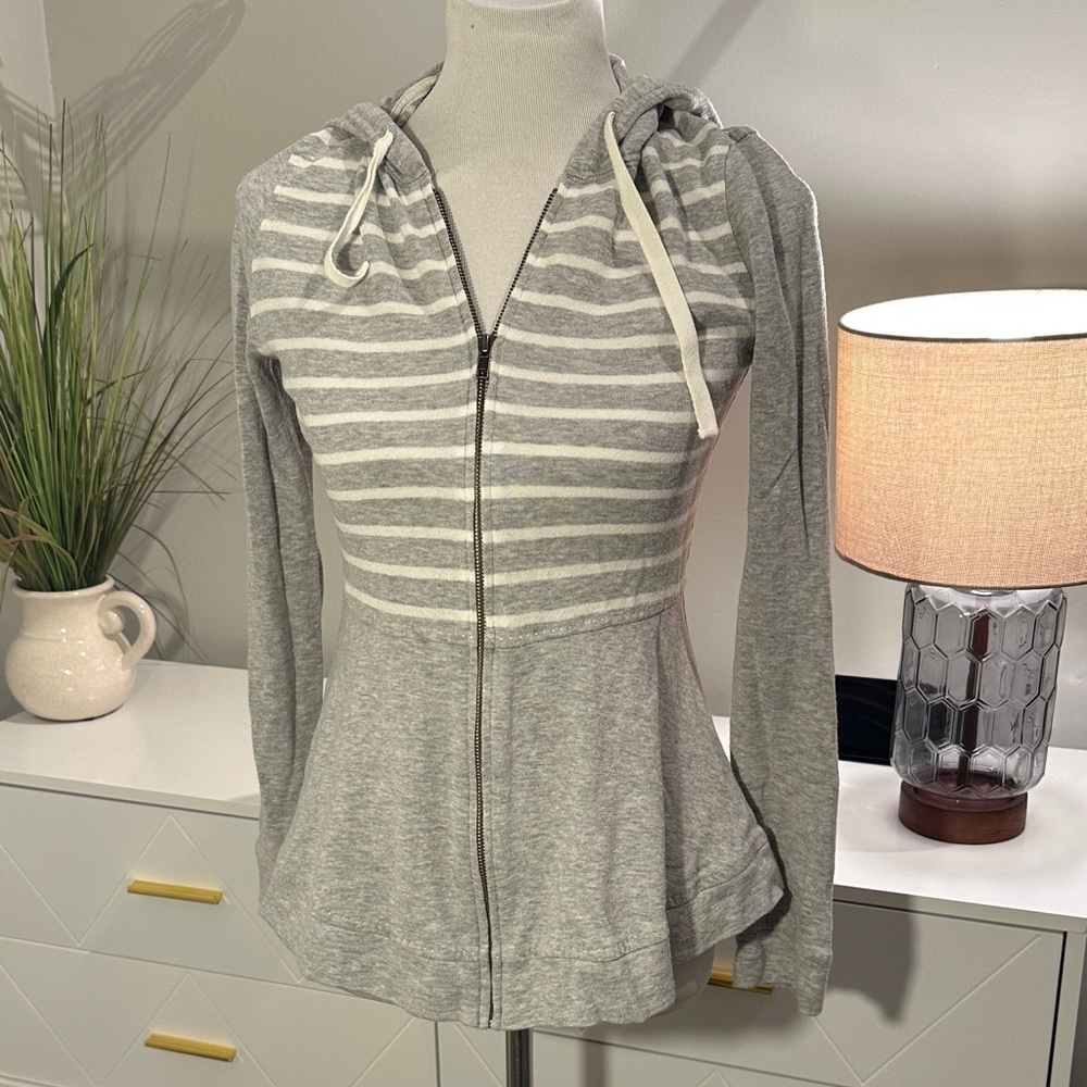 Stylish Anthro Gray Striped Women's Zip-Up Hoodie